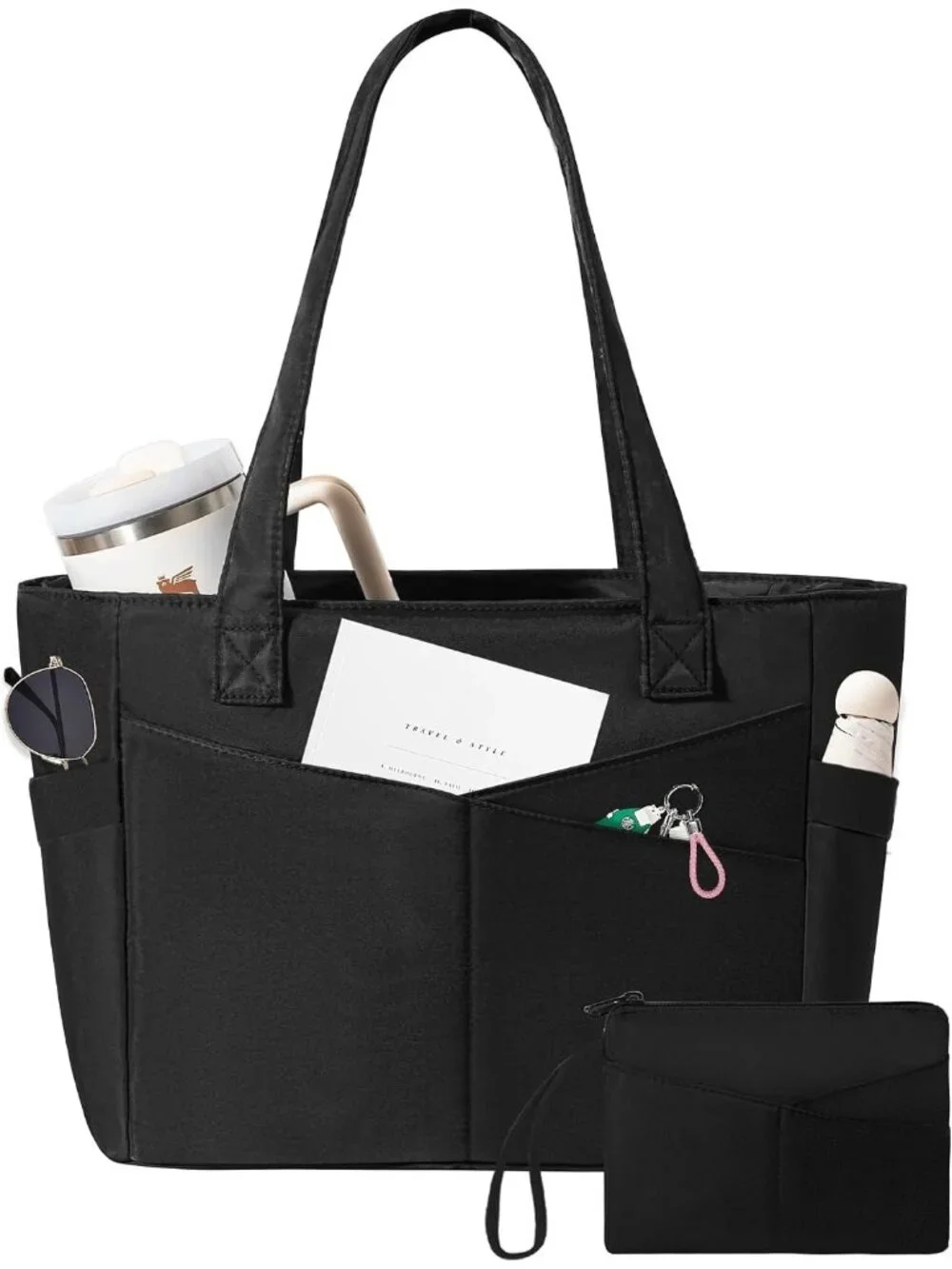 👜Women's Black Nylon Large Tote Bag With Zipper 15.6 Laptop Sleeve Work Bag